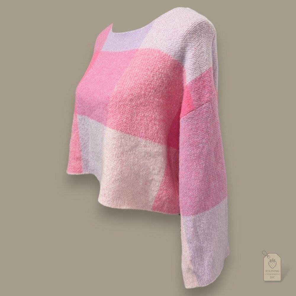 Pink & Lavender Plaid Cropped Sweater Women's XS | Wide Sleeves - Picture 4 of 7